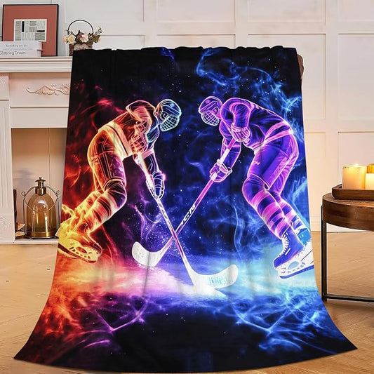Yibuda Neon Hockey Player Blanket Ice Hockey Flannel Plush Throw Blanket Cozy Sports Fans Decor Fleece Stuff Blanket Gifts for Lover Girls Boys Kids Adults Women Bed Travel 50"x60"