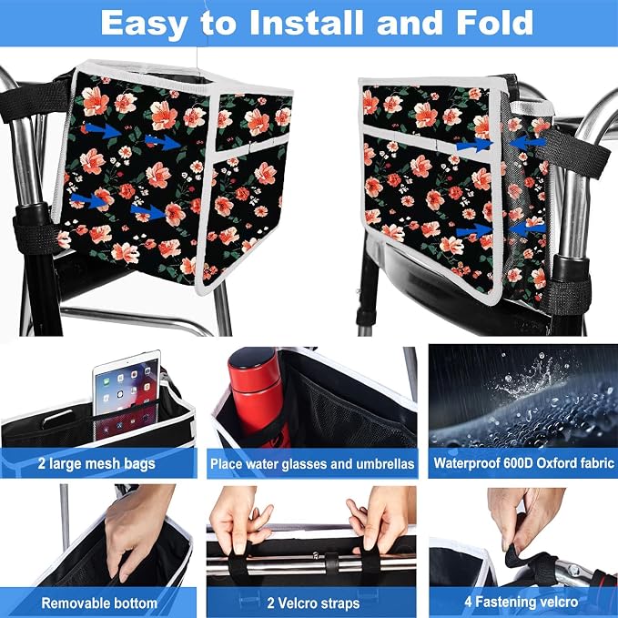 Yuan & Chuang Walker Bag, Water Resistant Large Capacity Carry Storage Carrier Tote, Basket for Walker with Multiple Pockets, Folding Walker Basket with 6 Elastic Straps for Most Walker - Rose Pattern