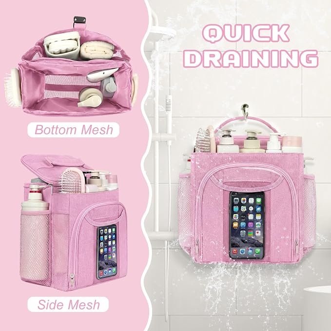 Attmu Shower Caddy Portable, Hanging Shower Bag for Dorm Room College, Large Capacity Quick Dry Mesh Tote Bag for Travel Camping Essentials (Light Pink)