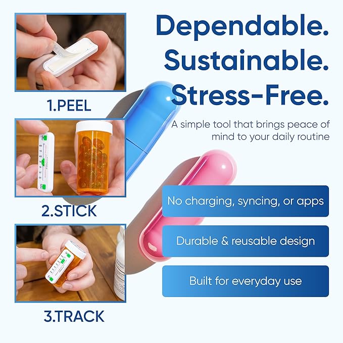 PillSavvy™ Daily Pill Tracker – Non-Digital, Reusable Medication Reminder for Bottles & Organizers – Easy to Use, Curved Back – Track Prescriptions, Vitamins, Supplements & Pet Meds (Pink, 2 Pack)