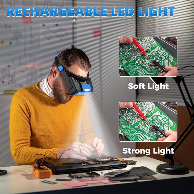 COYLAPY Headband Magnifier with Light, 1.5X-3.5X Hobby Magnifying Glasses | Rechargeable, 4 Rechangeable Lens (1.5x,2x,2.5x,3.5x), Ideal for Close Work, Repair, Jewelry, Sewing, Beading, Crafts