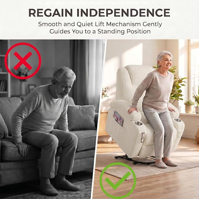Flamaker Power Lift Chair Massage Recliner Chairs for Elderly | Ergonomic Lift Recliner Design with Cup Holders & Side Pockets, Remote Control (Corduroy, White)