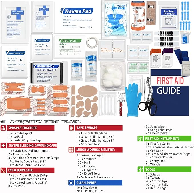 Premium 418-Piece First Aid Kit for Home, Travel, Camping, Hiking & Outdoor Emergencies, Tear-Resistant Survival Kits for Business, Vehicle & School, Multi-Use Emergency Medical Supplies