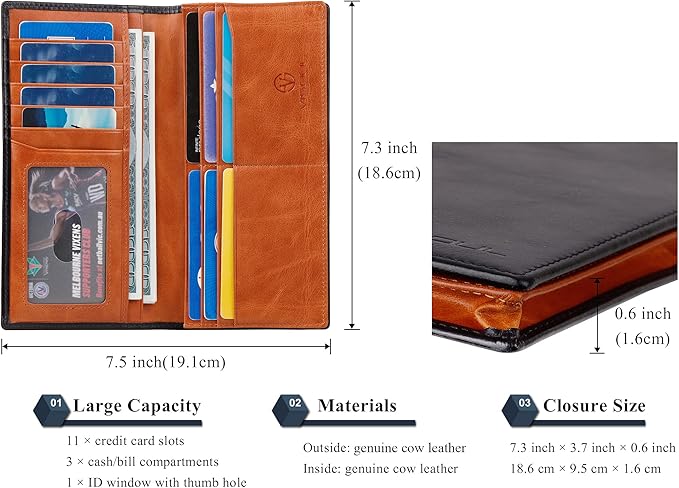 VISOUL Leather Checkbook Cover Wallet for Men with RFID Blocking, Mens Long Bifold Cash Tall Wallet with 11 Credit Card Slots 1 ID Window (Black and Orange)