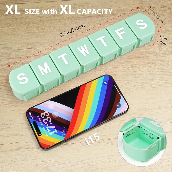 Extra Large Weekly Pill Box Organizer 7 Day, MOLN HYMY 1 Week Jumbo Pill Dispenser Case One Time a Day, Daily Med Container to Hold Vitamin and Supplement (Green)
