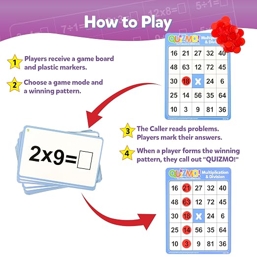 LEARNING ADVANTAGE QUIZMO Multiplication & Division, Bingo Style Math Game | 2 Game Modes for Ages 8+, Teach Basic Mathematics