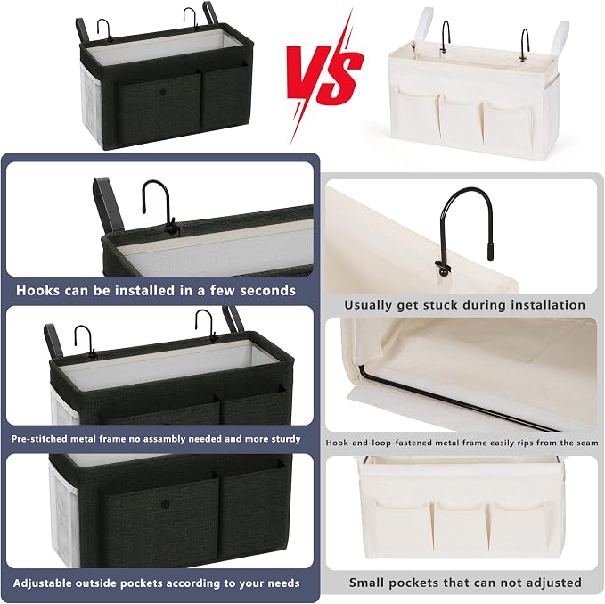 Bedside Caddy Bedside Storage Hanging Organizer for Bunk Dorm Bed Rail | Bed Caddy with Hooks, Top Bunks and Dorm Essentials for Water, Tissues, Tablets, Books, Phones, Remotes and Other Necessories