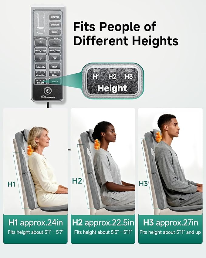 Snailax Back Massager for Full Back Pain Relief Deep Tissue, Long Track Dual 3D Shiatsu Rollers 3 Height Settings Foldable Massage Chair Pad with Heat, Vibration Heated Seat Cushion, Gifts for Mom Dad