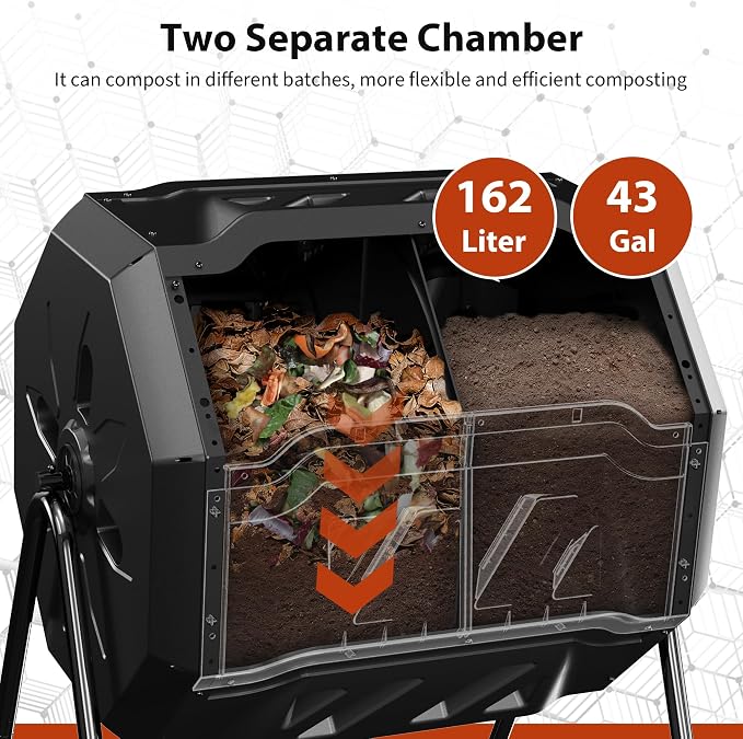 Compost Bin, 43-Gal Dual Chamber Composter Tumbler, Black Yellow | Steel Frame with 2 Sliding Door and Aeration System, 360° Rotating, Tumbling Composting Bin for Kitchen, Garden, Yard