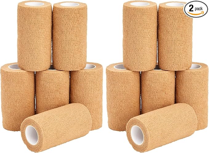 Juvale Bandage Wrap - 4 in x 5 yd, Tan, 6 Rolls - Self Adherent Cohesive Tape & Elastic Support - Breathable Vet Wrap & Medical Tape for Sports & Tattoo (Pack of 2)