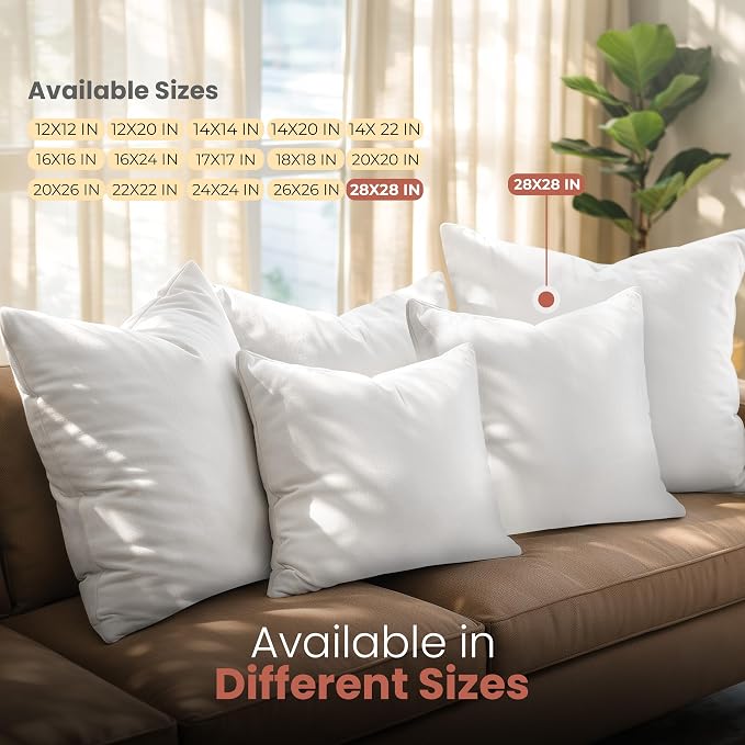 Utopia Bedding 28x28 Pillow Inserts, White Throw Pillows for Couch, 2 Pack | Indoor cushion inserts for bed, sofa & couch, Supportive & fluffy decorative pillows for everyday comfort, Set of 2, White