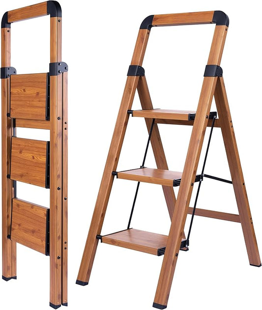Step Ladders Folding 3-Step Woodgrain Finish Aluminum Foldable Step Stool,Anti-Slip Portable Sturdy for Home & Kitchen Office 330 lbs