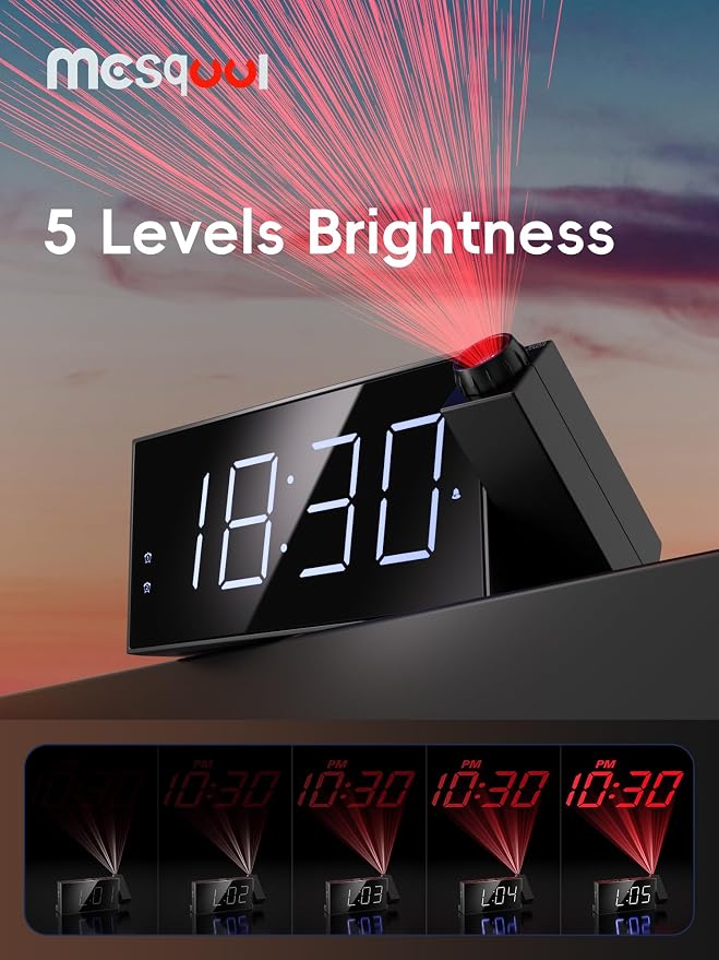 Mesqool Digital Projection Alarm Clock with Dual Alarms, 5 Levels Dimmer | Plug-in Clock with 180° Projection on Ceiling Wall,Battery Backup,12/24H & DST, USB Charging Port,Snooze for Heavy Sleepers