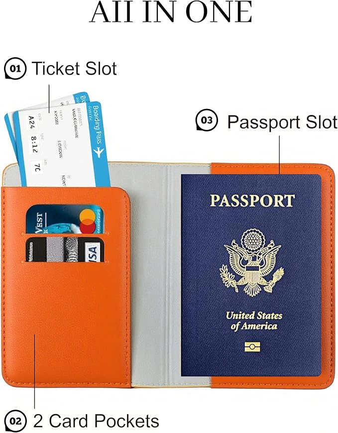 Passport Holder for Travel Essentials,RFID Blocking Passport Cover Case for Travel Accessories,Travel Wallet for Women Men (Orange)