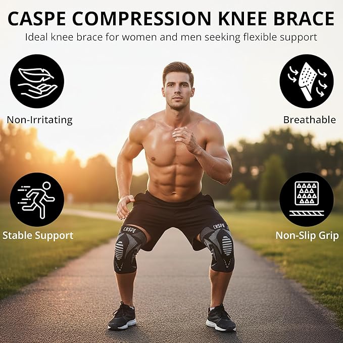 Caspe 1 Pack Compression Knee Brace for Women & Men – Pain Relief Support with Patella Gel Pads & Side Stabilizers – Knee Sleeve for Running, Workout & Arthritis (Gray, Large)