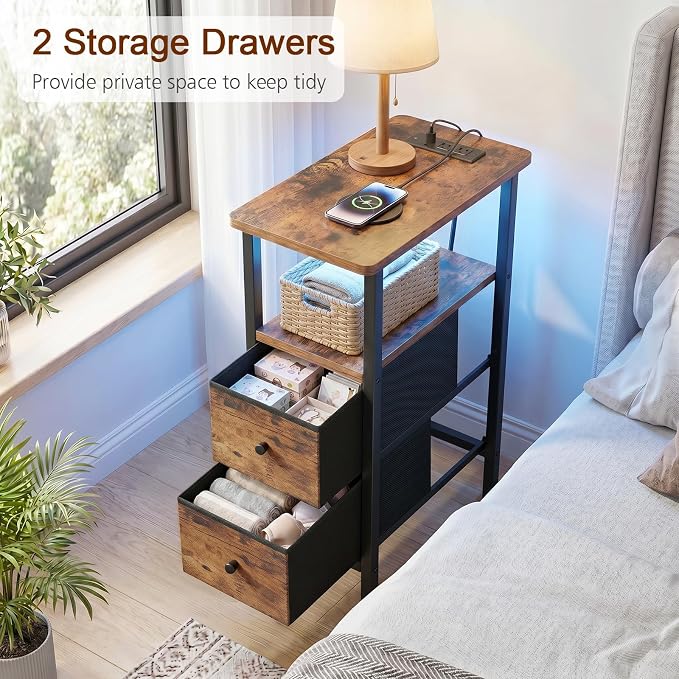 Narrow End Table with Charging Station, Small Nightstand | Skinny Side Tables Living Room with 2 Fabric Drawers, Bedside Table with LED Lights for Bedroom, Small Spaces, Rustic Brown