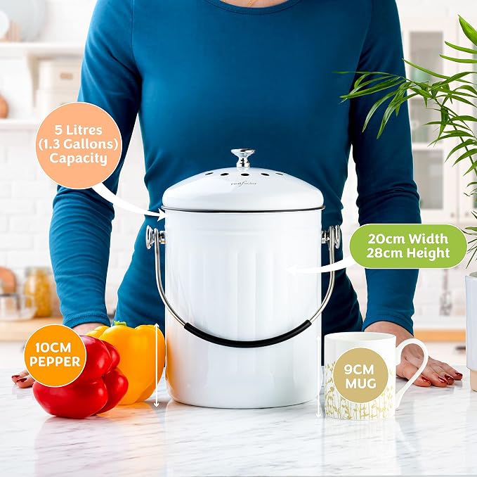 Premium Compost Bin for Kitchen Countertop - Stainless Steel Food Waste Bucket with Innovative Dual Filter Technology - Includes Spare Filters (White, 1.3 Gallon)