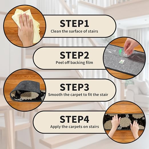 Non Slip Stair Treads for Wooden Steps, 1 Pack 30"x30" Washable Carpet | 30x30 in soft chenille polyester stair treads with reusable TPE backing for indoor wood stairs, dogs, kids, and seniors