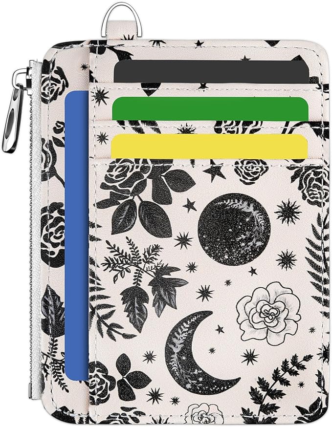 Hancynir Goth Moon Floral Slim Wallet Women Credit Card Holder RFID Small | Flower Zipper Pocket, Thin Travel Coin Purse, Gothic Card Case, Ladies Women Gifts, 6 Card Slots, ID Window, PU Leather