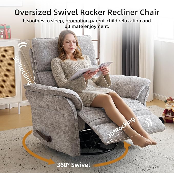 Oversized Glider Rocker Recliner, 24" Extra Wide 360° Swivel Nursery Recliner with Adjustable Headrest, Chenille Rocking Nursery Chair with Overstuffed Armrest, Lumbar Support, Light Grey