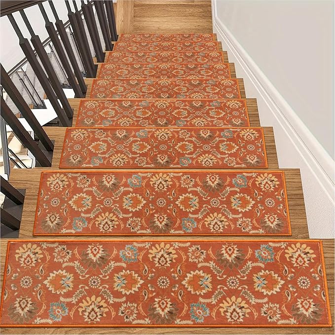 Lahome Carpet Stair Treads Non Slip Backing, Orange 15 Pack Stair Treads | 8" X 30" Stair Treads for Wooden Steps Indoor, Soft Washable Stair Runners Oriental Staircase Rugs for Kids Pets Elders