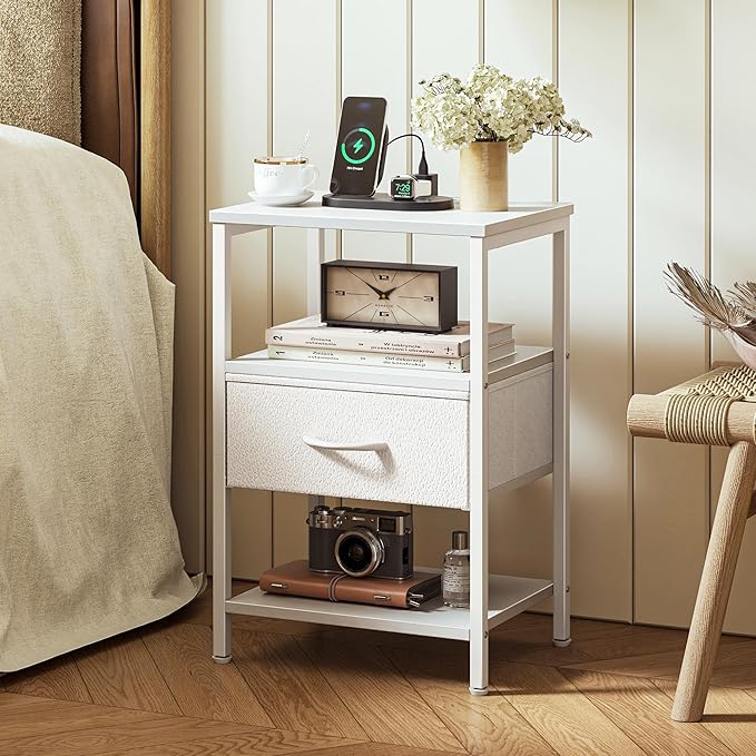 SUPERJARE Nightstand Set of 2 with Charging Station, USB-C Port, End Tables | Night Stand for Bedroom, with Adjustable Fabric Drawer, 3-Tier Storage Bedside Tables for Living Room, White
