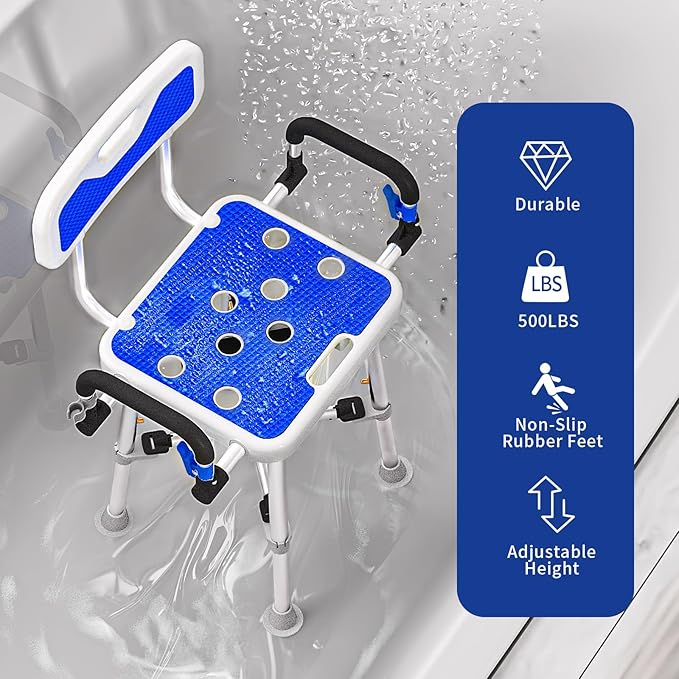 Shower Chair for Seniors Elderly Handicap Disabled Or Bariatric Adults, Heavy Duty 500 Lbs,Bench Seat for Inside Shower Stall and Bathroom Bath Tub with Arms and Back Adjustable Stool Chairs