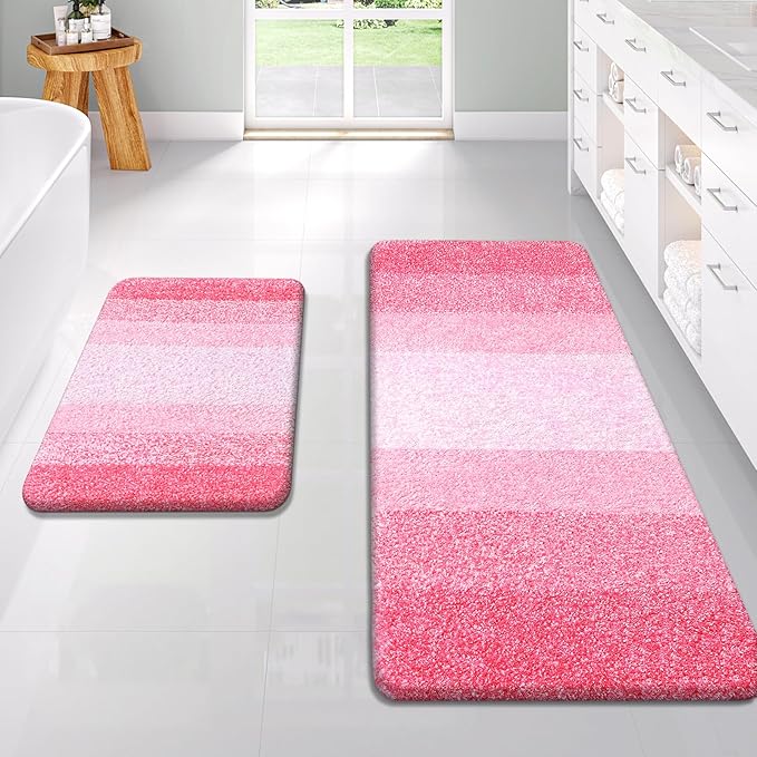 OLANLY Bathroom Rug Set 2 Piece, Soft Absorbent Microfiber Bath Rug Set, Non-Slip, Machine Wash Dry, Plush Shaggy Bath Mats for Bathroom (47"x20"+24"x16", Pink)