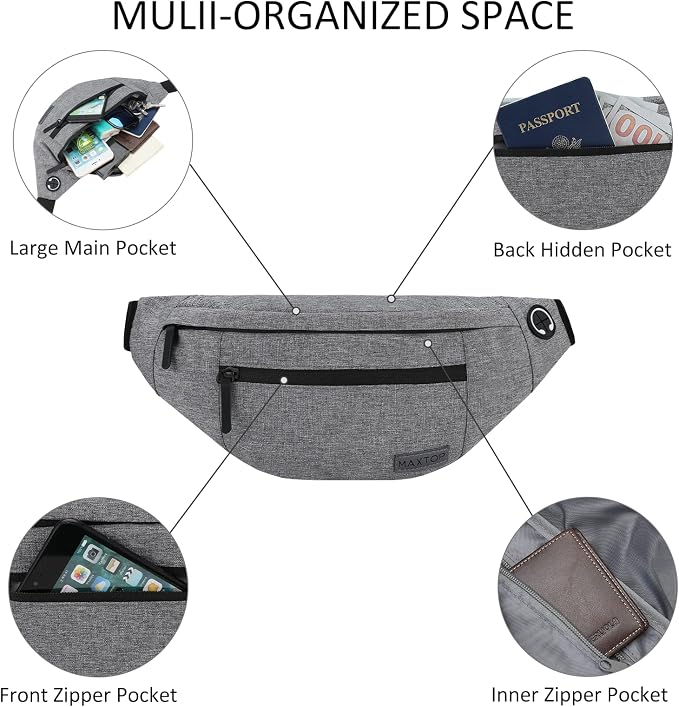 Grey Sling Bag for Women Men Gifts for Enjoy Travel Hands-Free Fanny Pack | Polyester,4-Zipper Pocket, Adjustable Waist Bag for Workout Traveling Casual Festival