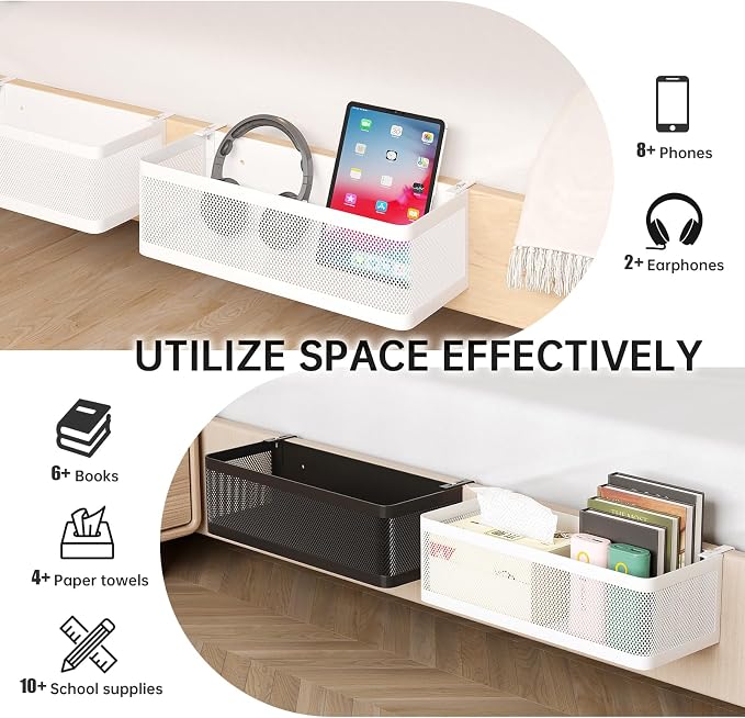 Bedside Caddy Shelf for Bunk Bed, White, L13.78in*W5.12in*H3.94in | For Bunk Bed, Office Cubicle Walls, Crib Rails, Dorm Bed College Dorm Room Essentials, Large Capacity, Easy Install