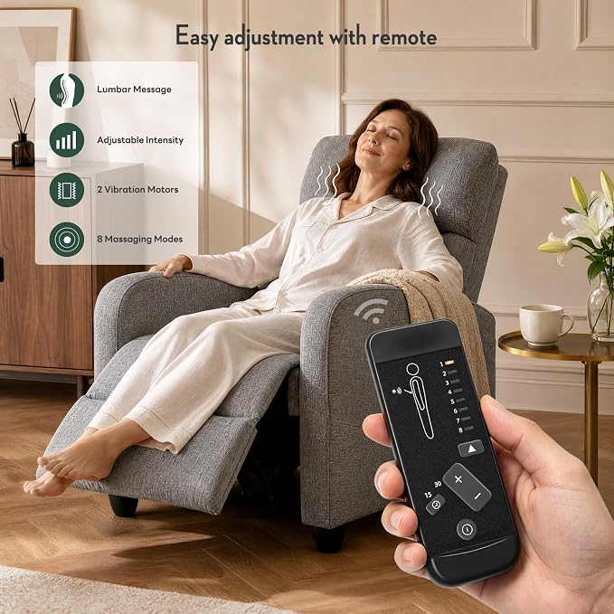 Massage Recliner Chair, Recliner Sofa Fabric for Adults, Recliners Home Theater Seating with Lumbar Support, Reclining Sofa Chair for Living Room, Greige