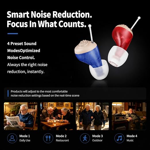OTC Rechargeable Digital Hearing Aids for Seniors Adults | In-Ear Discreet Design, No Bluetooth Needed, Automatic Noise Cancellation, 6 Volume Levels, 4 Scene Modes, 60H Long Battery