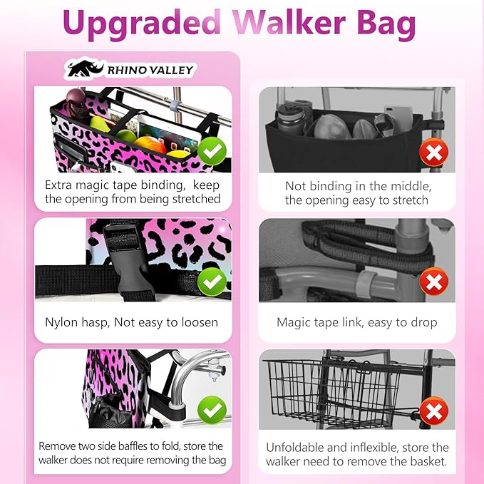 Rhino Valley Walker Bag, Multi Pockets Folding Walker Basket Tote Bag with Cup Holder, Hand-free Carry Pouch Storage Bag for Universal Walkers,Large Capacity Organizer for Seniors Elderly,Pink Leopard