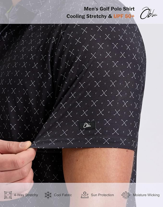 Obla Mens Golf Polo Shirts Short Sleeve Dry Fit Performance Moisture Wicking Casual Print Collared Golf Shirts for Men