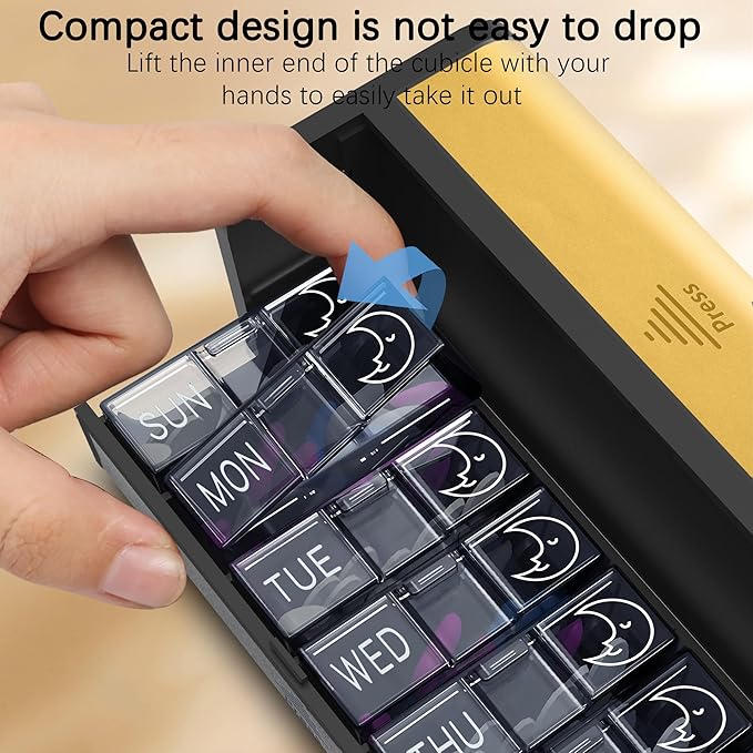 Pill Organizer, Weekly 2 Times a Day for 7 Day Leather Medicine Box Travel Container, Removable Am Pm Vitamin Case, Twice Daily Privacy Pill Holder, Portable Pillbox (Silver and Yellow)