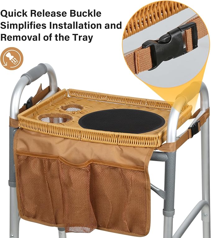 Walker Tray for Folding Walker, Handmade Rattan Trays for Walkers for Seniors Detachable with Cup Holder,Walker Trays for Rolling Folding Walker,Walker Accessories for Elderly