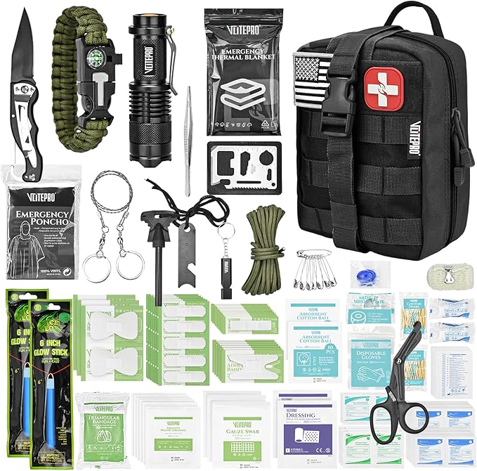 VLITEPRO 242 Piece First Aid & Survival Kit – Molle Pouch IFAK, 1000D Nylon, Color-Coded Compartments, Medical Kit for Camping, Boat, Hunting, Hiking, Home, Car/Home/Earthquake Emergency (Black)