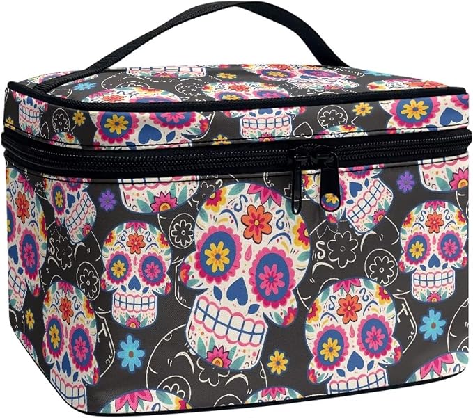 Mexican Sugar Skulls Makeup Bag for Traveling Mexico Style Women Toiletry Bag, Day Of The Dead Candy Skull Flowers Makeup Organizer Bag Large Cosmetic Accessories