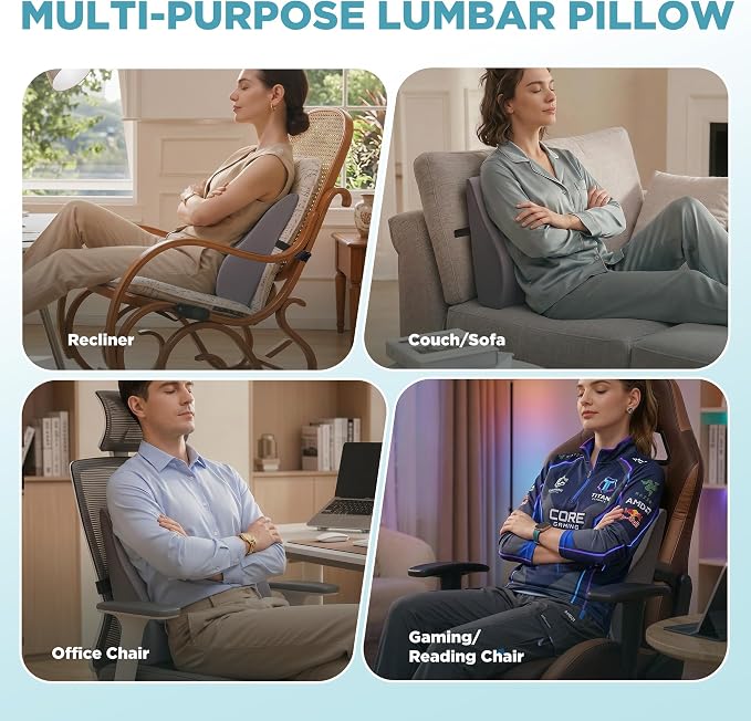 Dual-Layer Memory Foam Lumbar Support Pillow for Recliner, Grey | Back Support Cushion with Adjustable Strap & Washable Cover, Ergonomic Lumbar Pillow for Elderly Back Pain Relief Couch Sofa