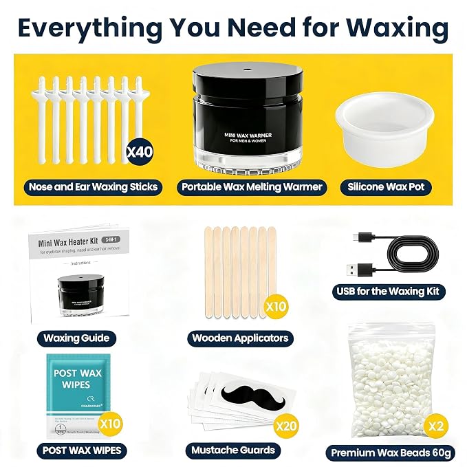 Nose Wax Kit, 120g Nose Hair Wax Kit for Men & Women, Painless Nose Hair Removal with USB Fast Heat, Smart Constant Temp, 40 Applicators, Wooden Sticks, After-Wax Wipes and Moustache Guards 20-25 Uses