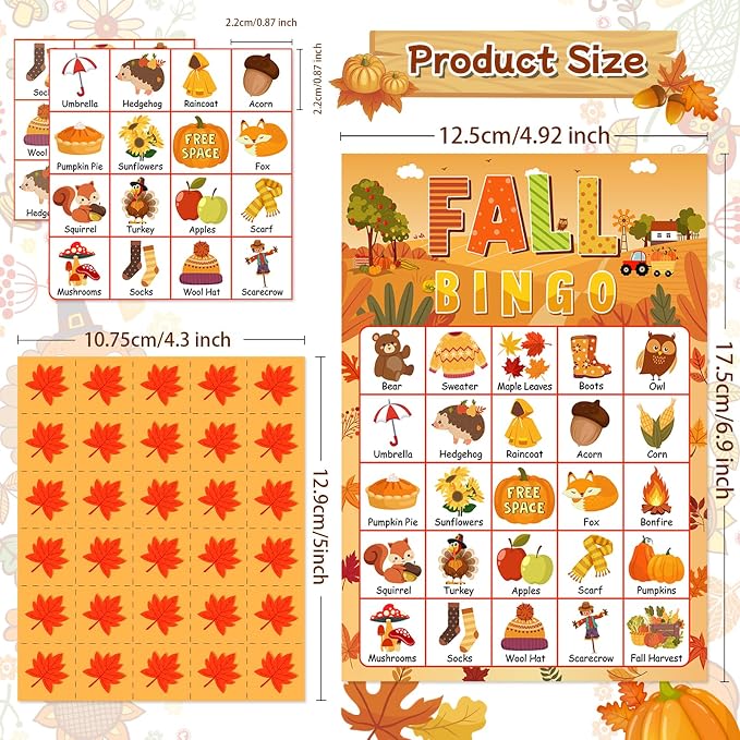 24 Players Fall Bingo Card Autumn Bingo Games for Kids Autumn Harvest Card Game Fall Crafts for Family Fall Craft Supplies Thanksgiving Bingo Cards for Classroom Activities Party Favors