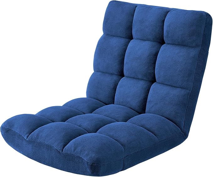 Folding Floor Gaming Chair 14-Poistion Cushioned Adjustable Floor Lazy Sofa Chair w/Breathable Cotton & Skin-Friendly Velvet for Adults & Kids Perfect for Reading Gaming Meditating, Darkblue