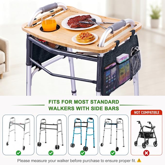 Walker Tray Table with Side Pockets & Cup Holder for Folding Walkers, Foldable Bamboo Walker Tray for Seniors, Stable Walker Accessories with Raised Edges for Meals, Drinks, Reading &Daily Living