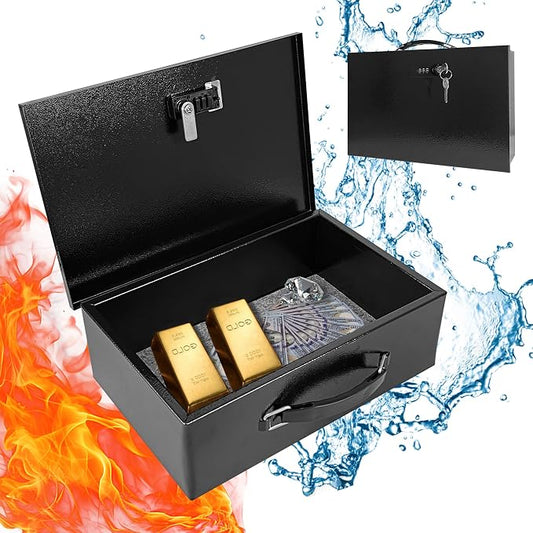 YIYITOOLS Fireproof Lock Box for Documents, Fire Resistant Safe Fire Safe Box with Dual Combination and Key Lock Document Box with Carrying Handle for Personal Items Jewelry Money, Black