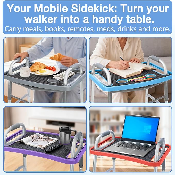 Walker Tray for Seniors with Dual Cup Holders & Side Pouch (Blue) | Durable Food & Drink Table, Lightweight with Non-Slip Pad, Compatible with Walker of 10210-1 Model