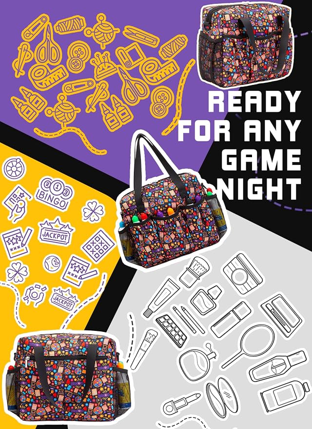 Bingo Bag with Pockets for Daubers Dabbers Bolsa Negra para Juego Black | Organizador portátil; holds dabbers, cards, tickets, chips and lucky charms for casino nights