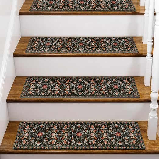 OJIA Black Stair Treads Non-Slip Stair Runner for Wooden Steps 4PCS 30"x8" | Floral Indoor Carpet Stair Treads Stair Mats Staircase Step Treads for Kids, Elders and Dogs, Stair Covers, Black