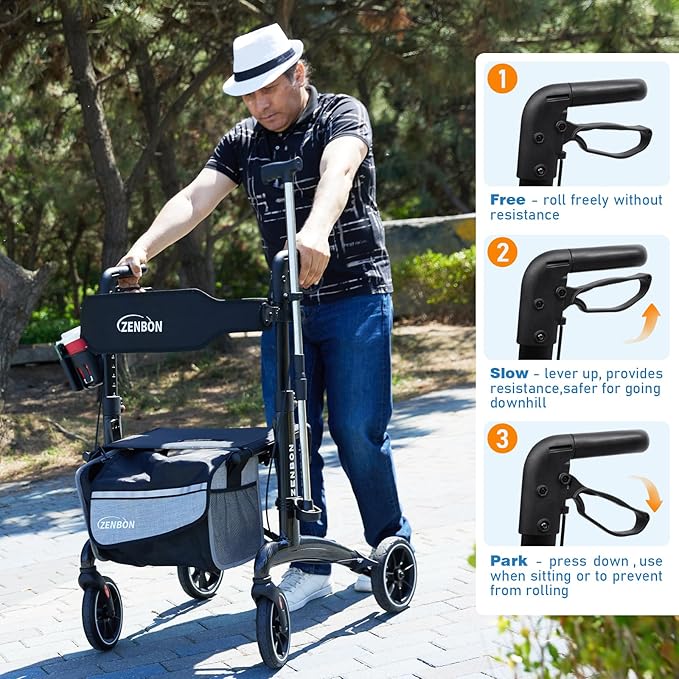 Rollator Walker for Seniors/Adults Foldable Rolling Walker with Seat 330 lbs Capacity 4 Big 8 inch Wheels Hand Grips Adjustable Height Lightweight Carbon Fiber Walker 7206(Black)