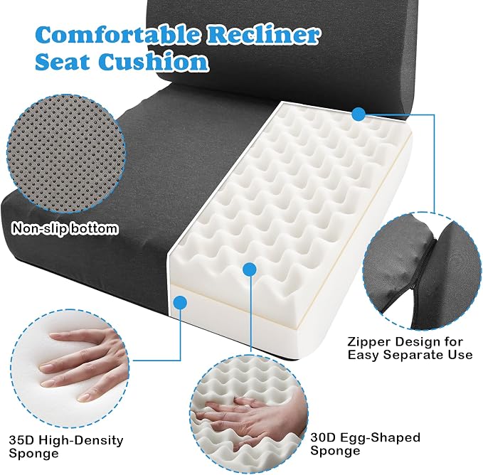 2-in-1 Recliner Cushions for Elderly Egg Crate Foam Seat Cushion and Ergonomic Back Support Pillow Non-Slip Recliner Cushions for Long Sitting Reduces Muscle Fatigue, Gray