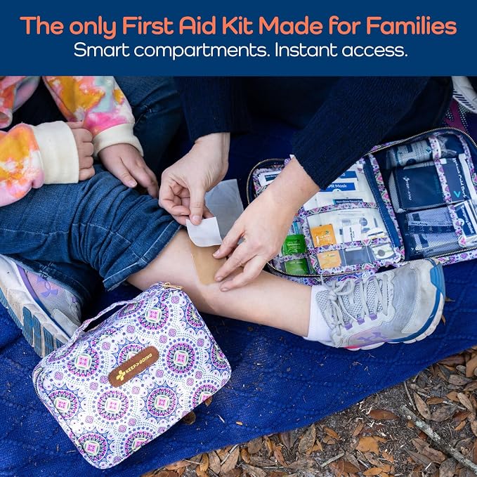 KeepGoing Large Home First Aid Kit for Kids – 270 Pc. for Car, Home, Dorm, & Boat with Latex-Free Bandages – 10 x 7 x 3.5 in. Travel First Aid Kit (Boho)